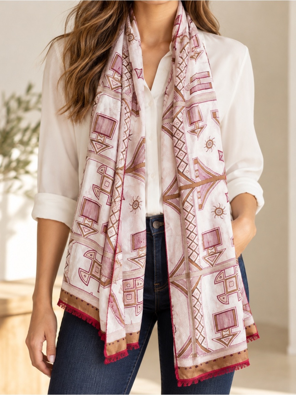 Adrienne Vittadini Southwestern Geometric Jacquard Fringe Scarf 64”